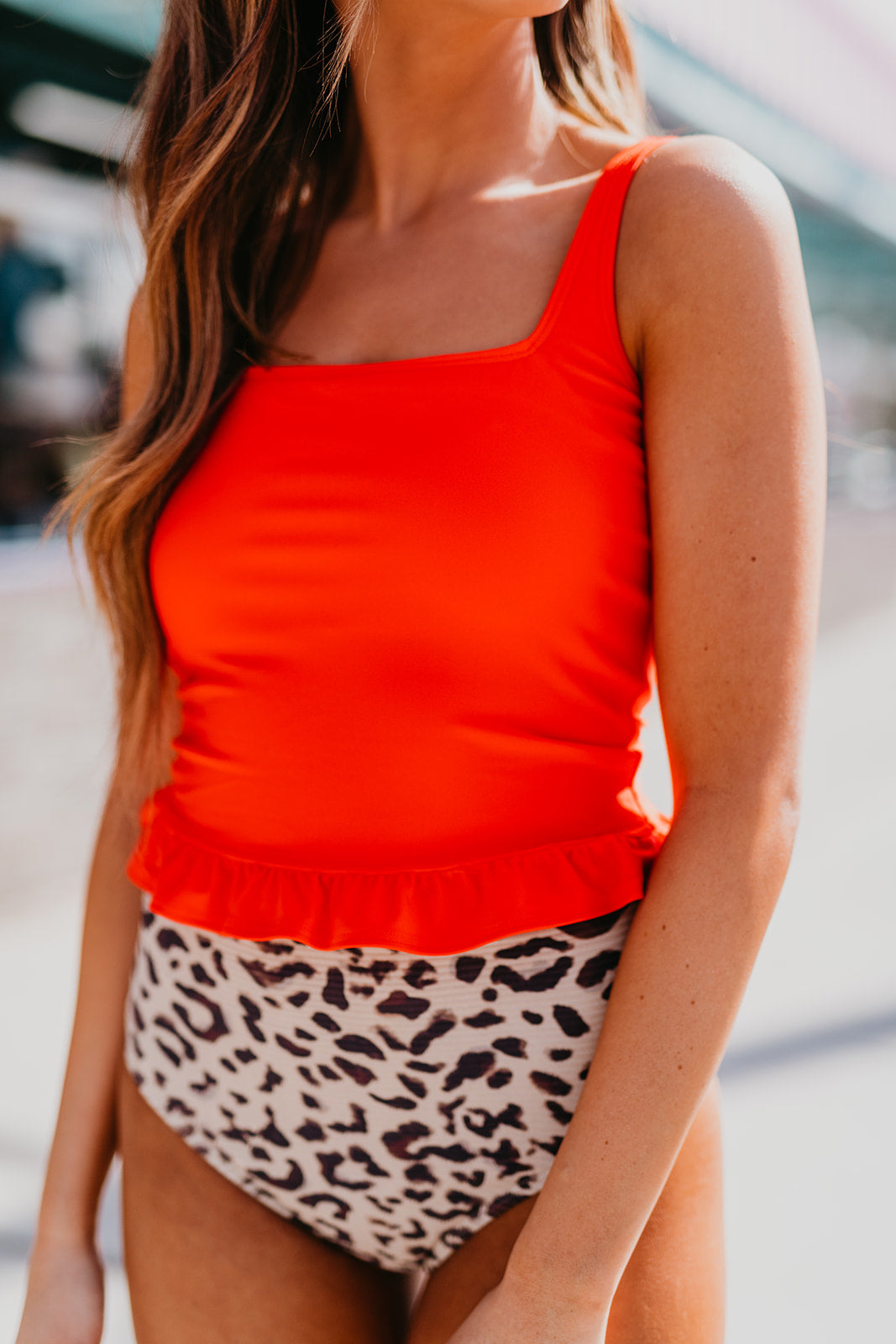 PINK DESERT MINI RUFFLE CROP PEPLUM SWIM TOP IN POPPY