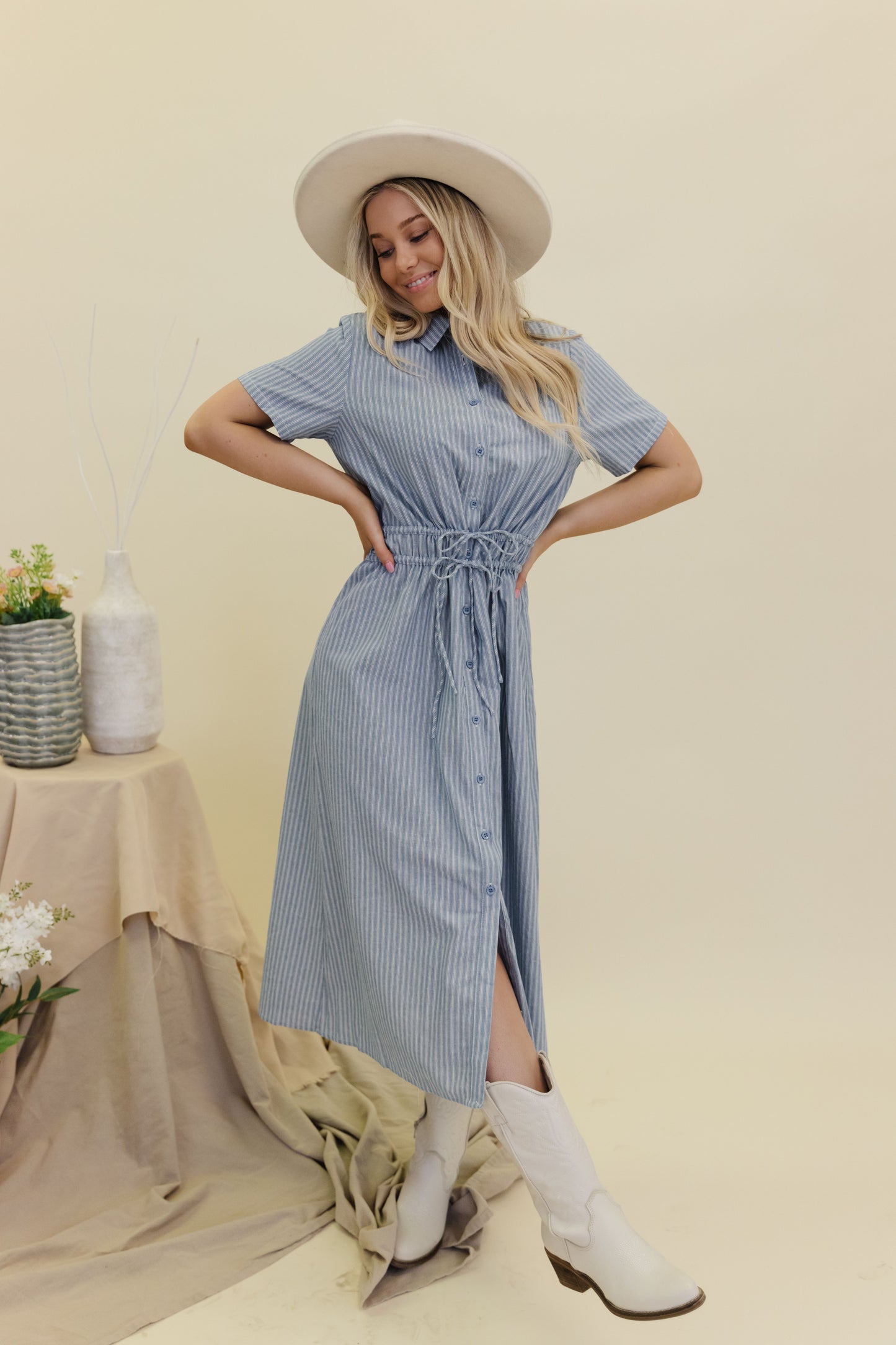 THE BIRDIE BUTTON DOWN SHIRT DRESS IN BLUE