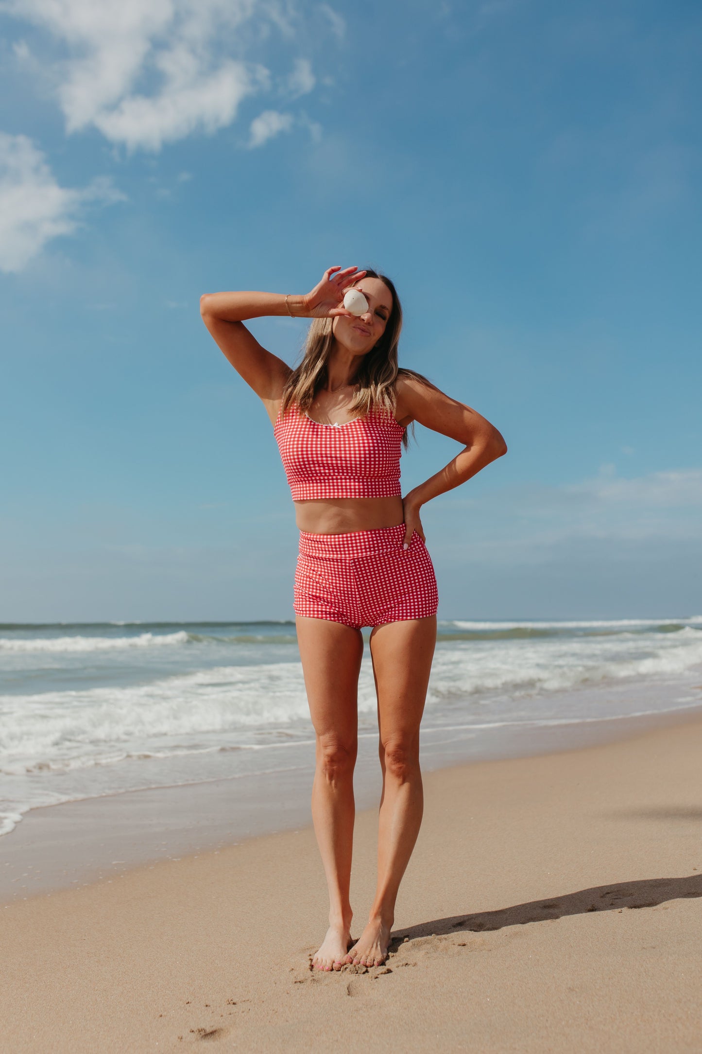 BEACHCOMBER SPORTY SWIM BOY SHORT IN RED GINGHAM BY PINK DESERT