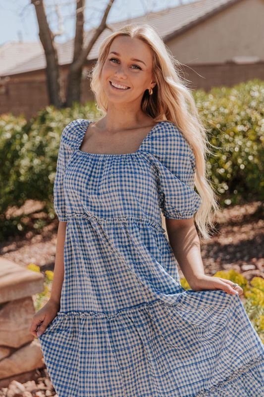 THE MONAE CHECKER PRINT MAXI DRESS IN BLUE