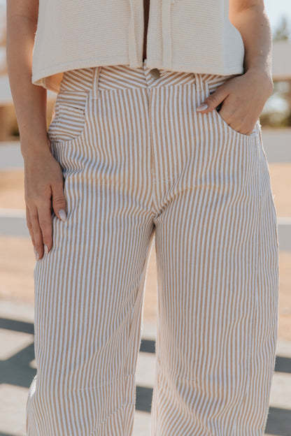 THE TORI BARREL PIN STRIPE PANTS IN IN TAUPE