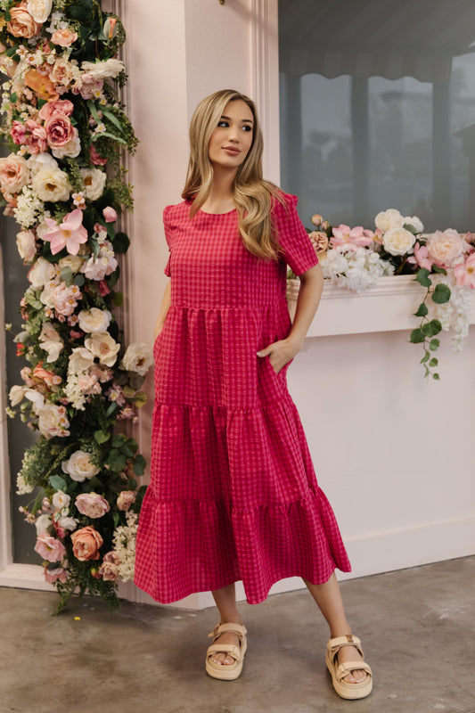 THE GILLIAN GINGHAM TIERED DRESS IN HOT PINK