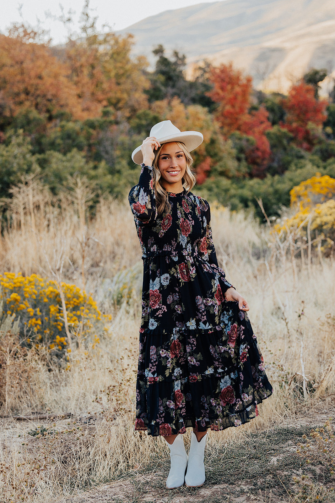 THE LAICEE SMOCKED FLORAL DRESS IN BLACK