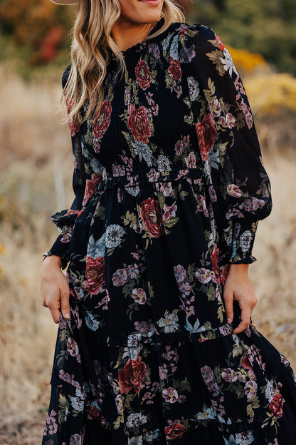 THE LAICEE SMOCKED FLORAL DRESS IN BLACK