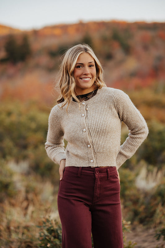 THE CREW PEARL BUTTON DOWN KNIT CARDIGAN IN TAUPE