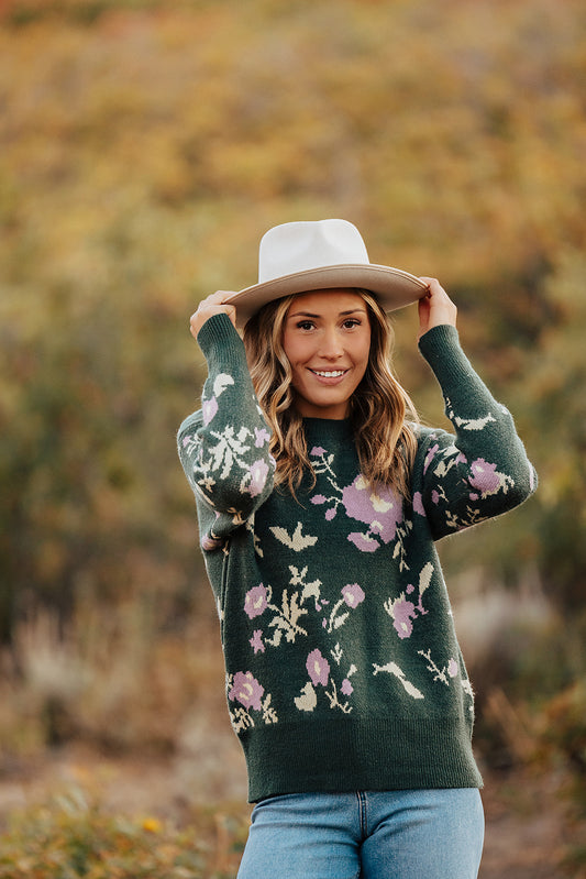 THE EVELYN FLORAL KNIT SWEATER IN GREEN