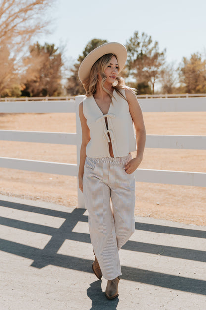 THE TORI BARREL PIN STRIPE PANTS IN IN TAUPE