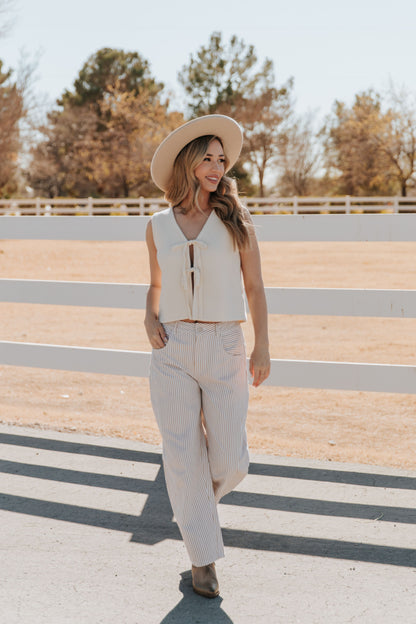 THE TORI BARREL PIN STRIPE PANTS IN IN TAUPE