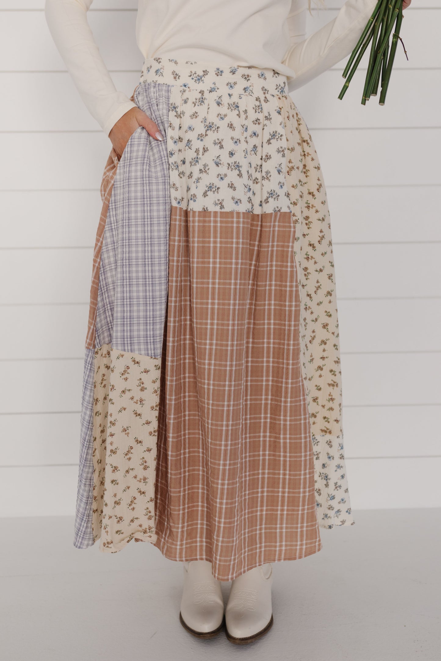 THE HARLYN PATTERN MAXI SKIRT IN IVORY