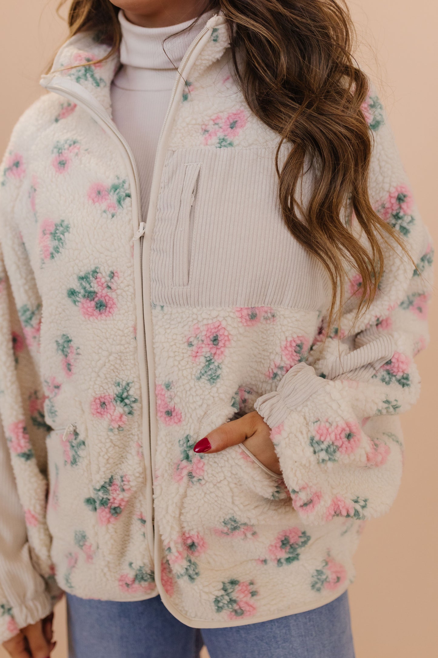 THE ODETTE OVERSIZED PRINTED FLEECE JACKET IN PINK FLORAL