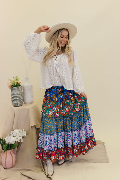 THE BRYDEN BOHO MAXI SKIRT IN BLUE