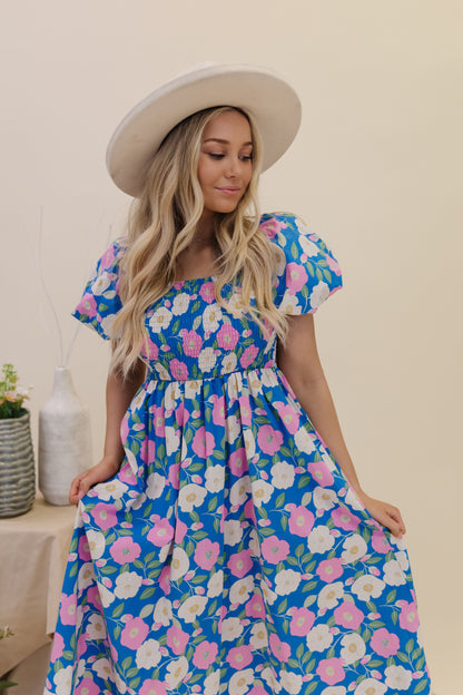 THE SCARLETT FLORAL MIDI DRESS IN PINK AND BLUE