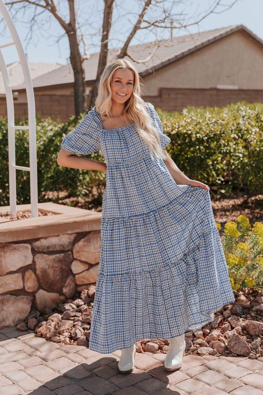 THE MONAE CHECKER PRINT MAXI DRESS IN BLUE