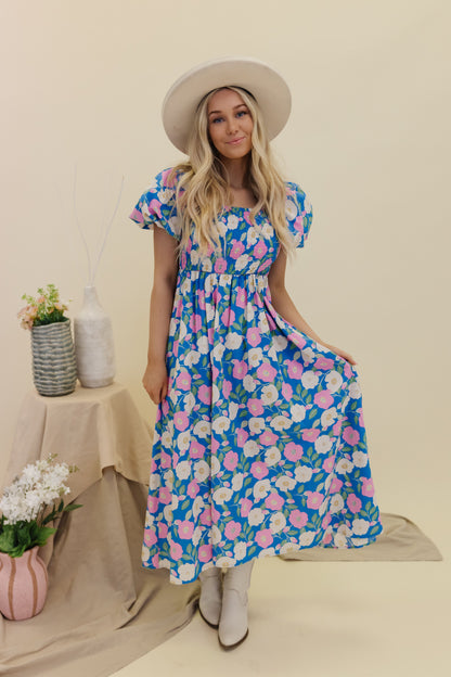 THE SCARLETT FLORAL MIDI DRESS IN PINK AND BLUE