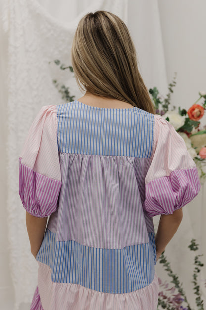 THE DAPHNE STRIPED COLOR BLOCK DRESS IN PURPLE