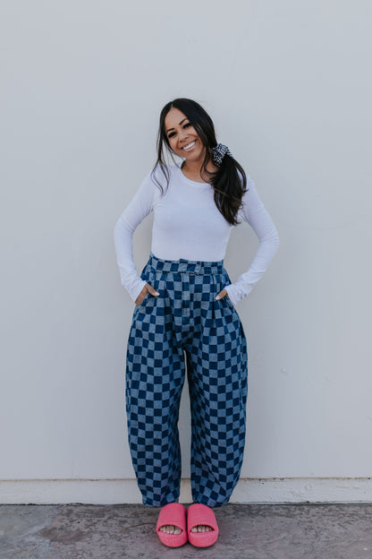 THE POPPY PLEATED CHECKERED BARREL PANTS IN LIGHT DENIM