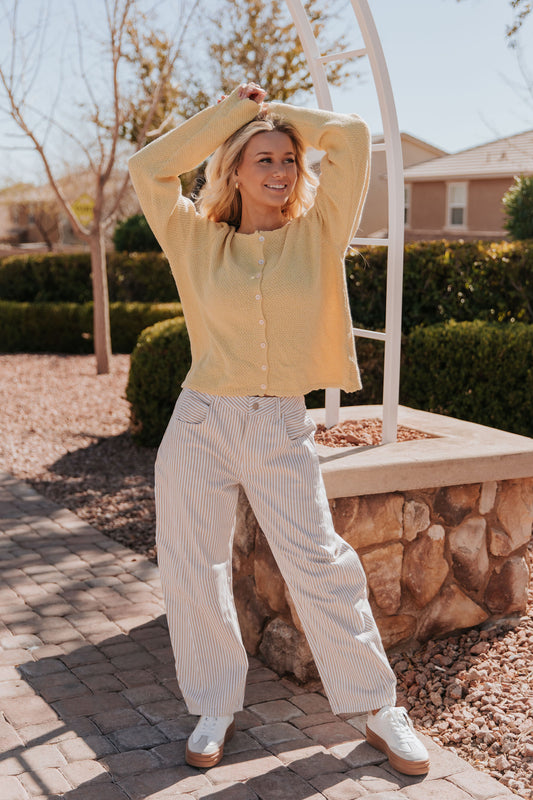 THE TORI BARREL PIN STRIPE PANTS IN IN TAUPE