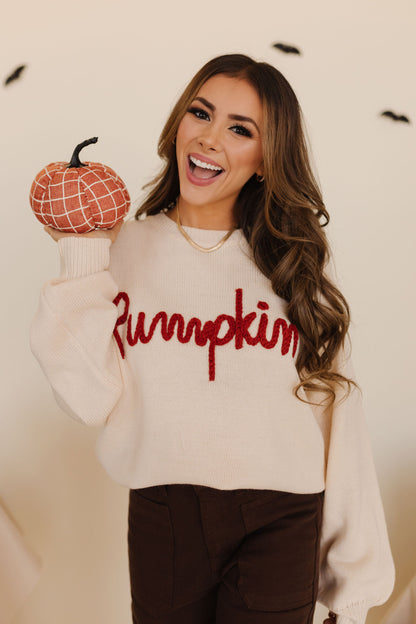 THE PUMPKIN EMBROIDERED KNIT SWEATER IN CREAM