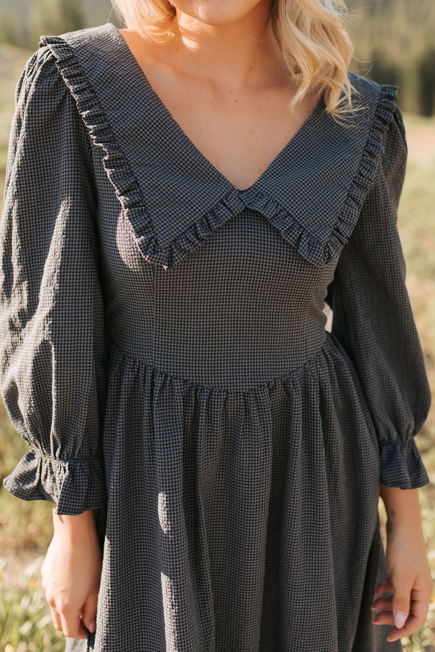 THE SHAYLEE COLLARED MIDI DRESS IN NAVY GINGHAM