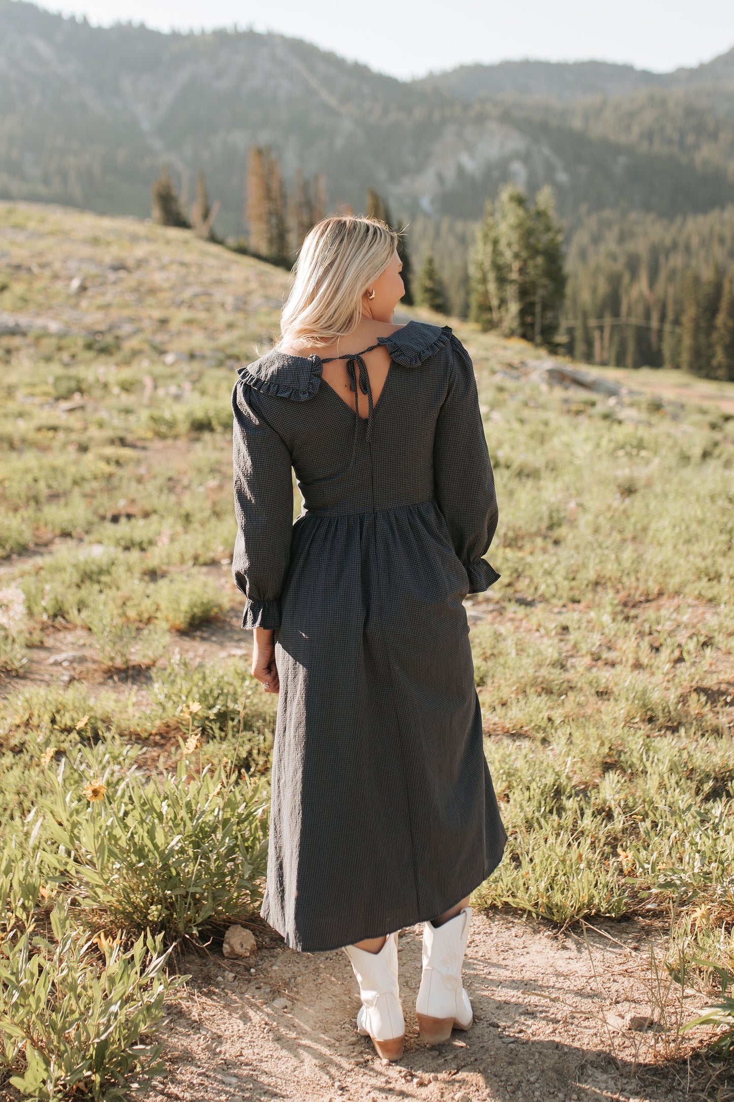 THE SHAYLEE COLLARED MIDI DRESS IN NAVY GINGHAM