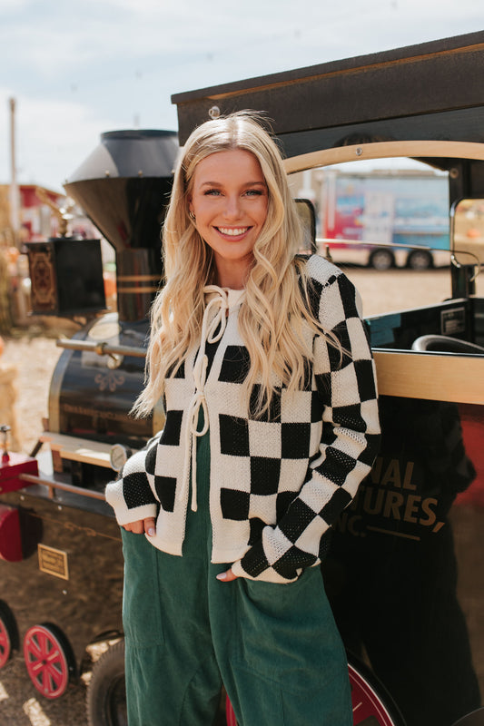 THE CAYLA CHECKERED TIE FRONT CARDIGAN IN BLACK