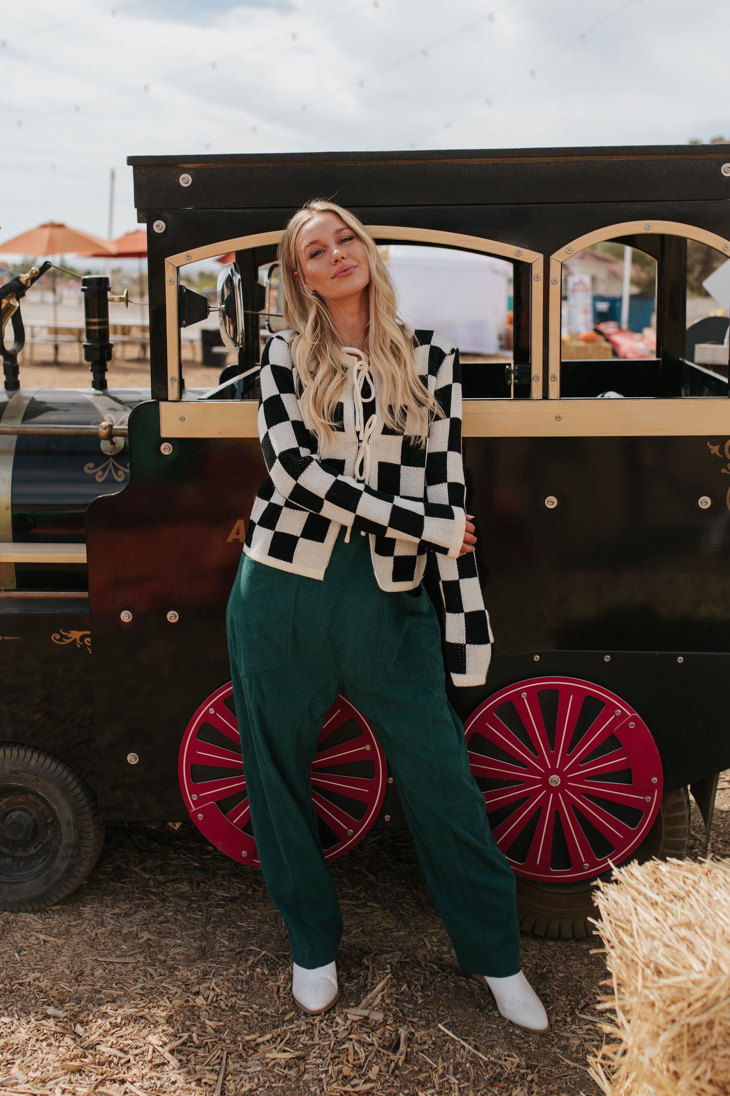 THE CAYLA CHECKERED TIE FRONT CARDIGAN IN BLACK