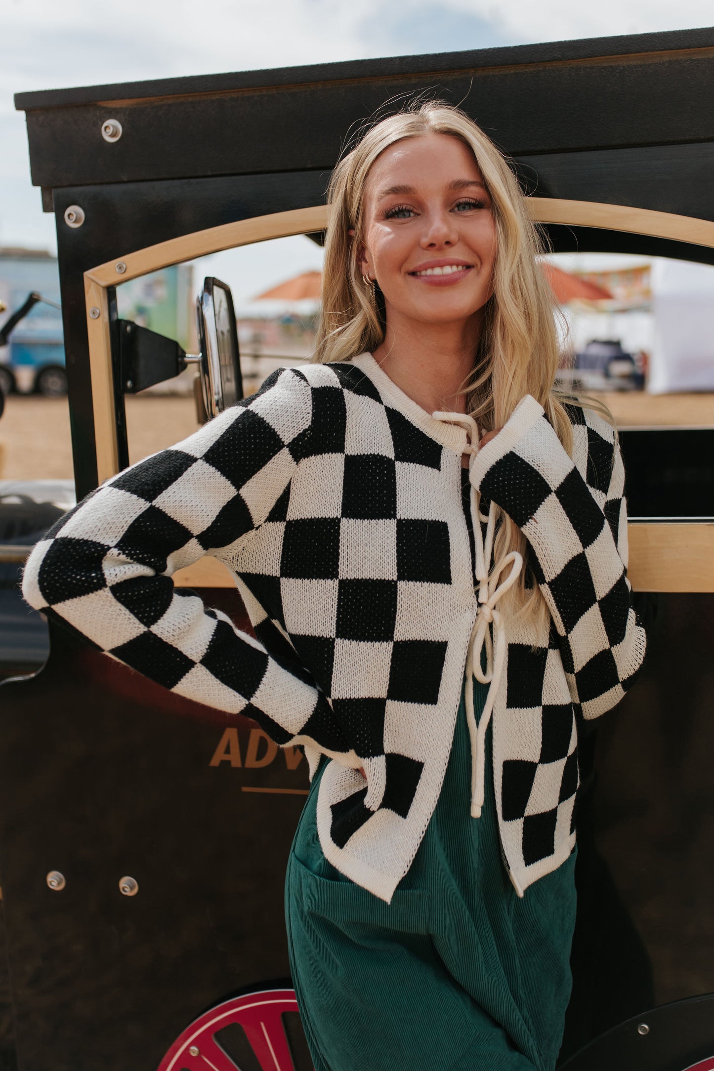 THE CAYLA CHECKERED TIE FRONT CARDIGAN IN BLACK