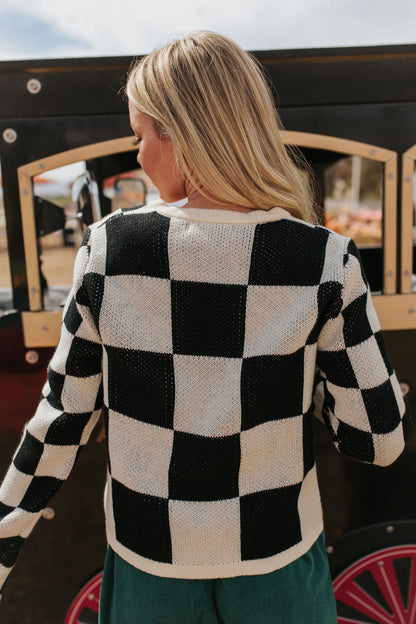 THE CAYLA CHECKERED TIE FRONT CARDIGAN IN BLACK