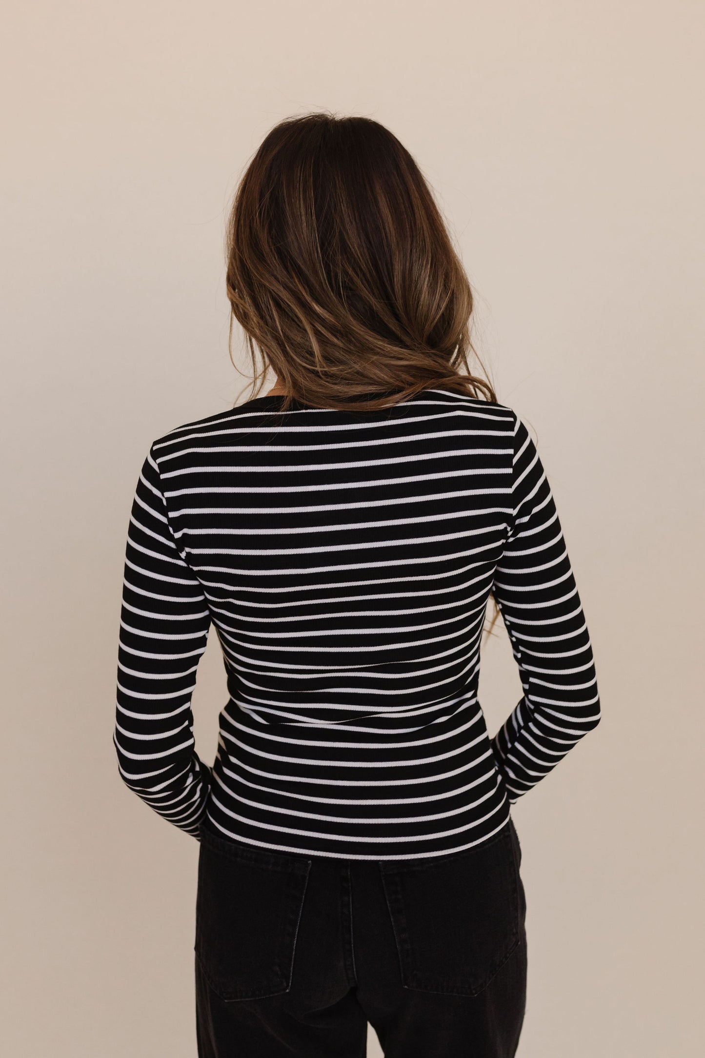 THE WIMBLEDON LONG SLEEVE TOP IN BLACK AND WHITE STRIPES