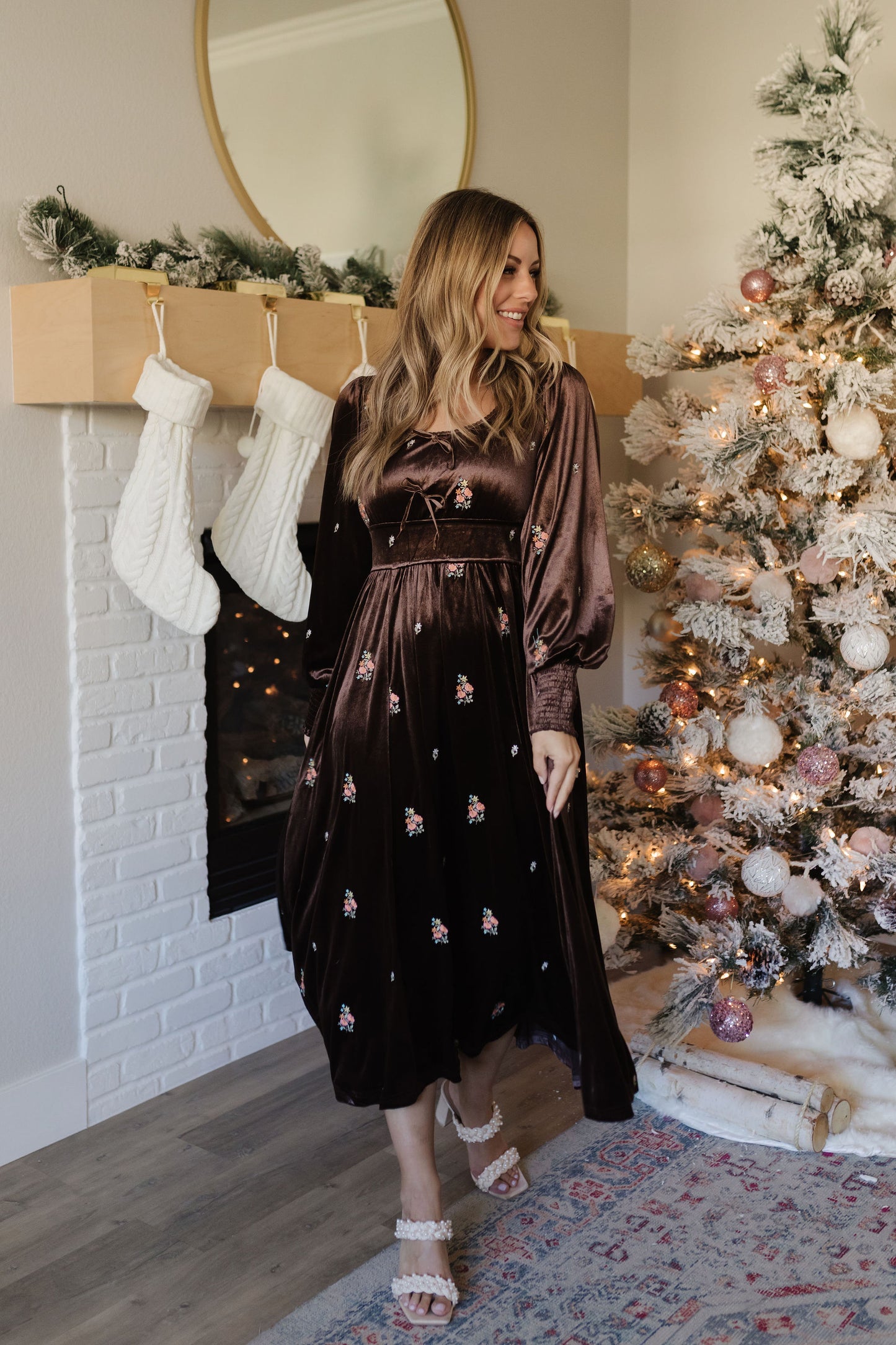 THE ETTA EMBROIDERED VELVET DRESS IN CHESTNUT