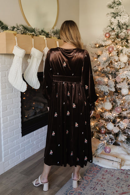 THE ETTA EMBROIDERED VELVET DRESS IN CHESTNUT