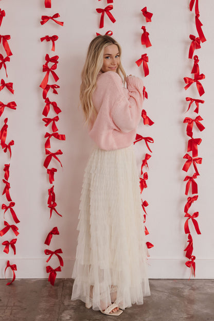 THE CASCADE TULLE TIERED MIDI SKIRT IN CREAM