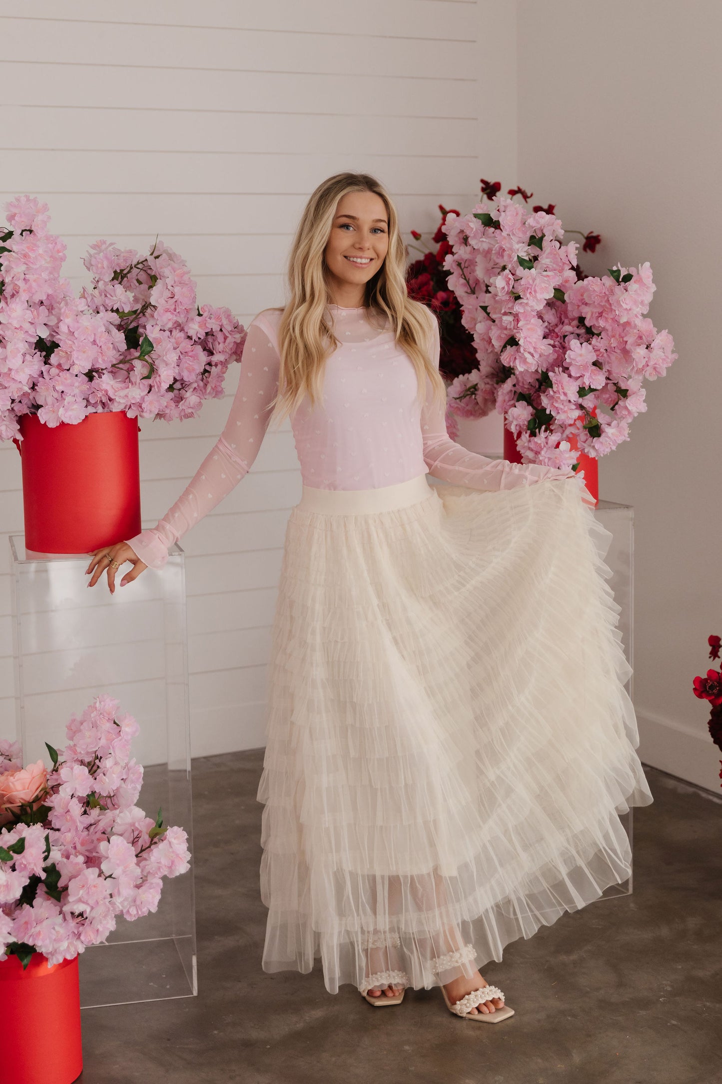 THE CASCADE TULLE TIERED MIDI SKIRT IN CREAM