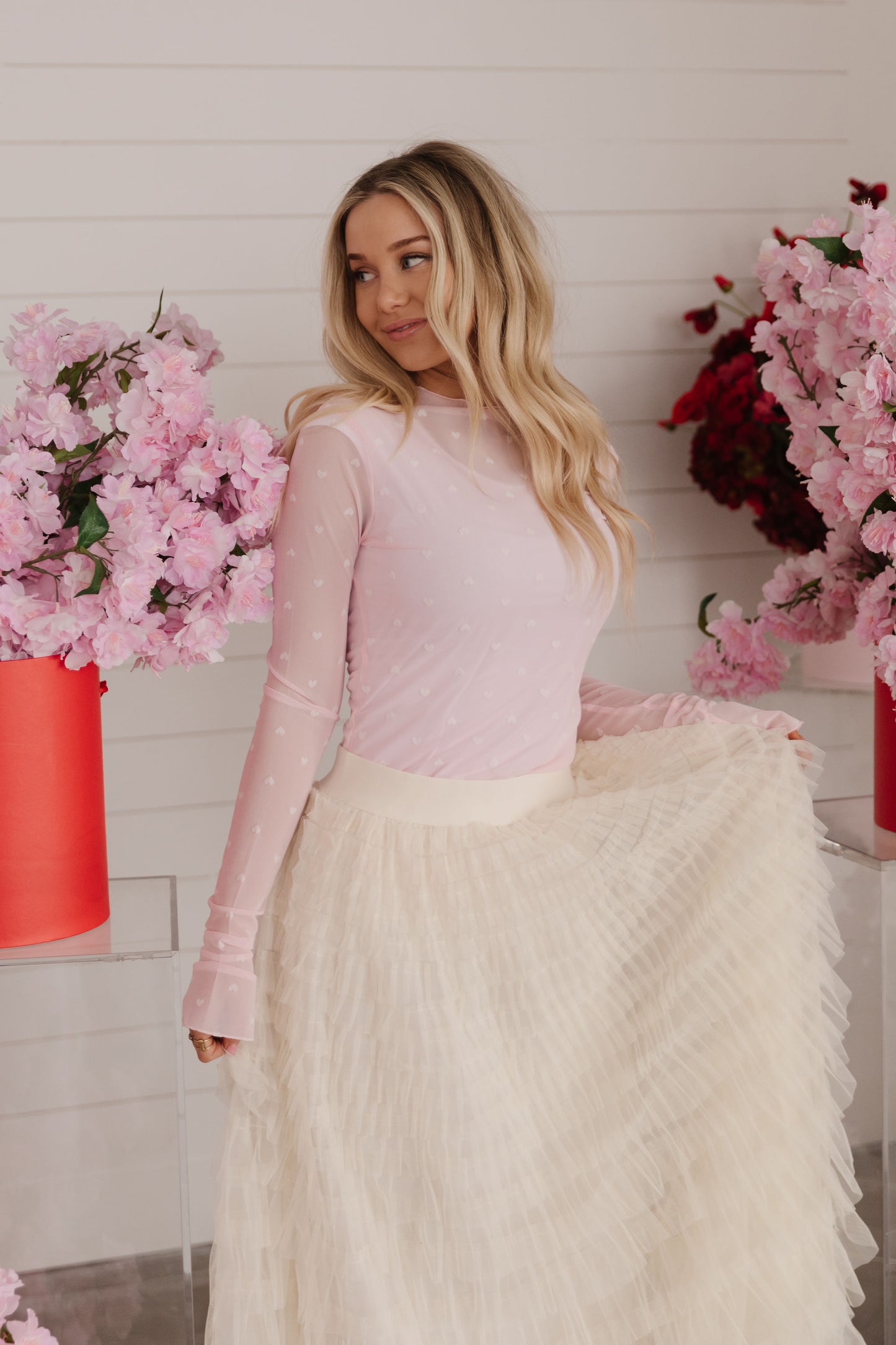 THE CASCADE TULLE TIERED MIDI SKIRT IN CREAM