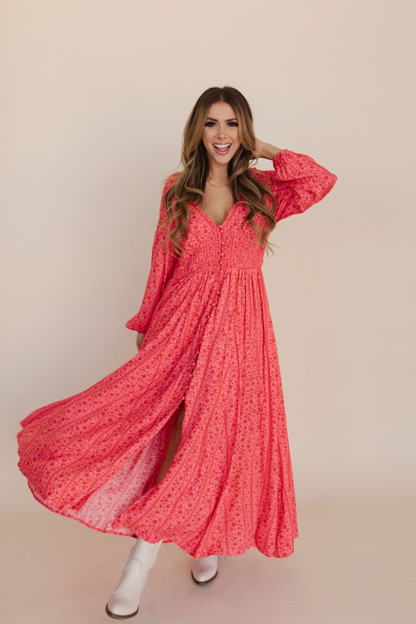 THE SAMANTHA SMOCKED MAXI DRESS IN PINK