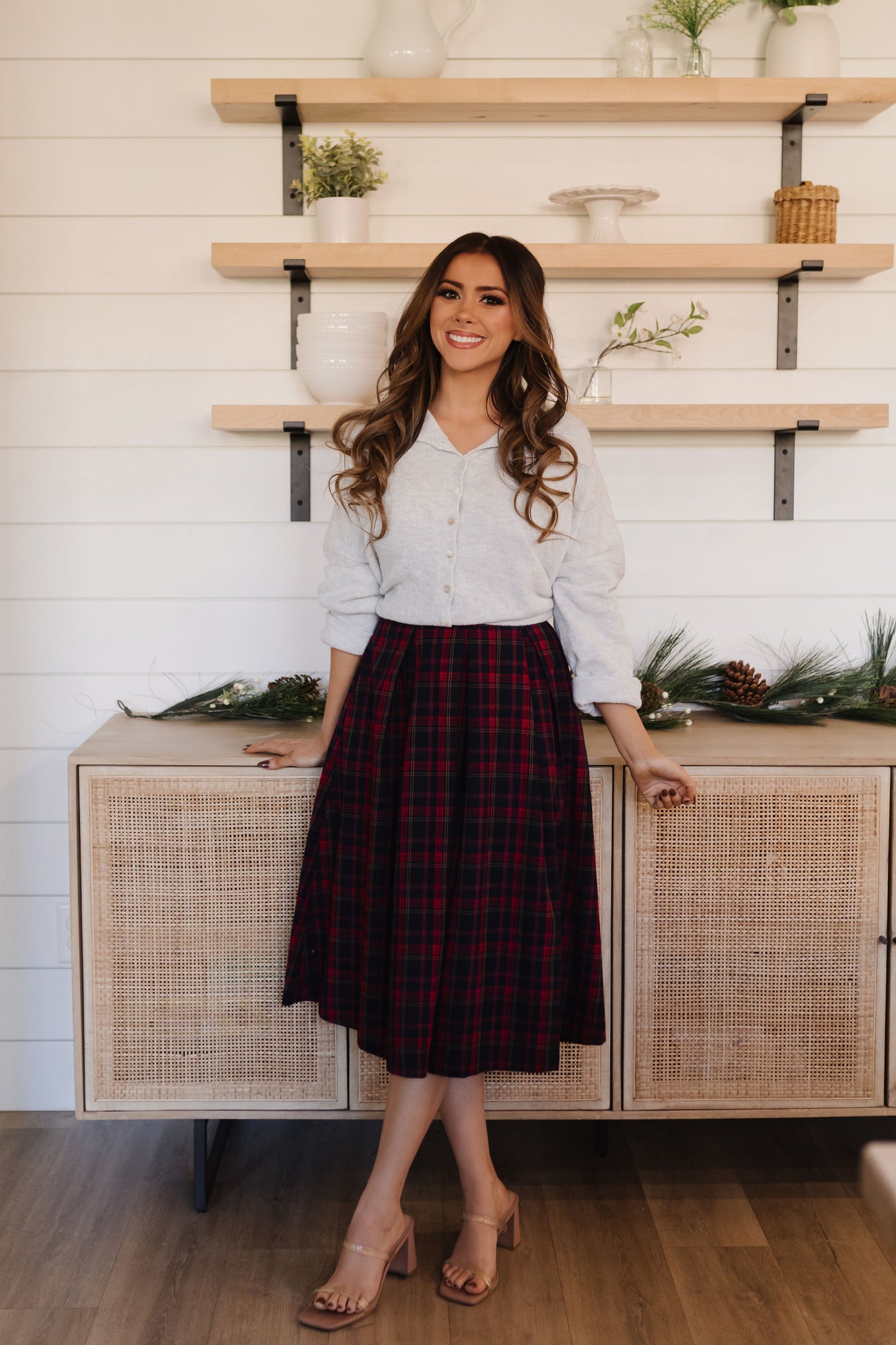 THE MADELINE BOX PLEATS MIDI SKIRT IN RED PLAID