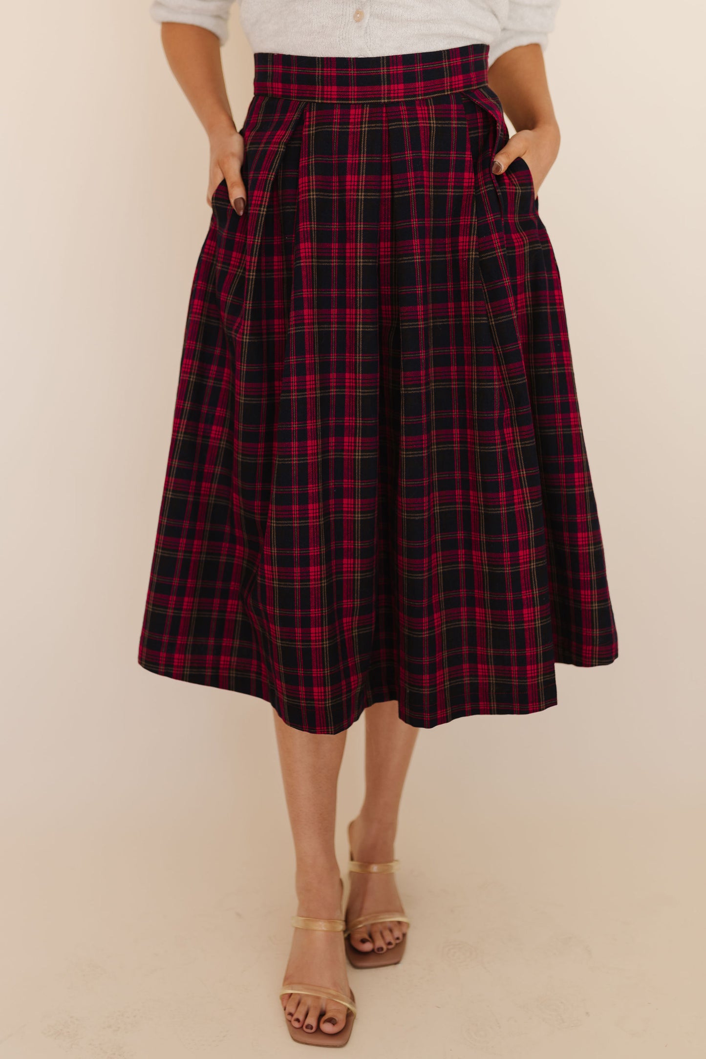 THE MADELINE BOX PLEATS MIDI SKIRT IN RED PLAID