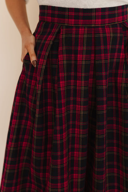 THE MADELINE BOX PLEATS MIDI SKIRT IN RED PLAID