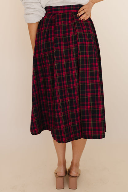 THE MADELINE BOX PLEATS MIDI SKIRT IN RED PLAID