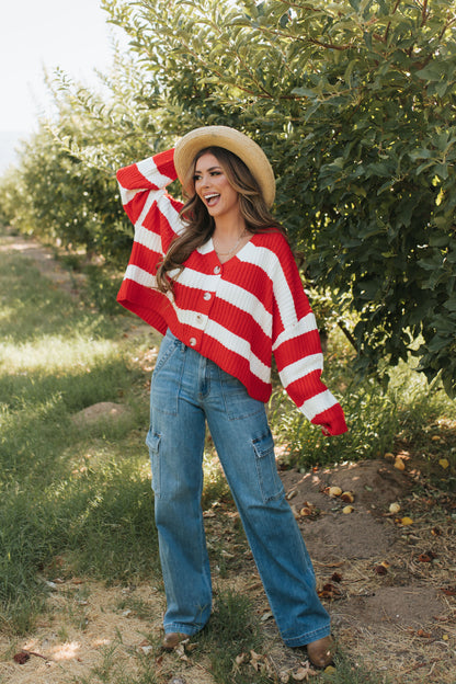 THE TAYLER STRIPED SWEATER IN RED