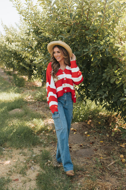 THE TAYLER STRIPED SWEATER IN RED