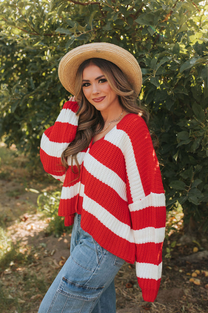 THE TAYLER STRIPED SWEATER IN RED