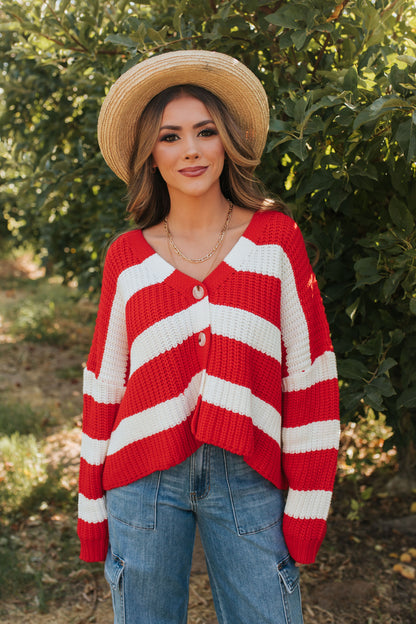 THE TAYLER STRIPED SWEATER IN RED