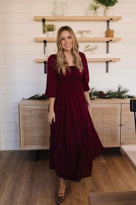 THE MALAYA INTRICATE RUFFLE MAXI DRESS IN MERLOT