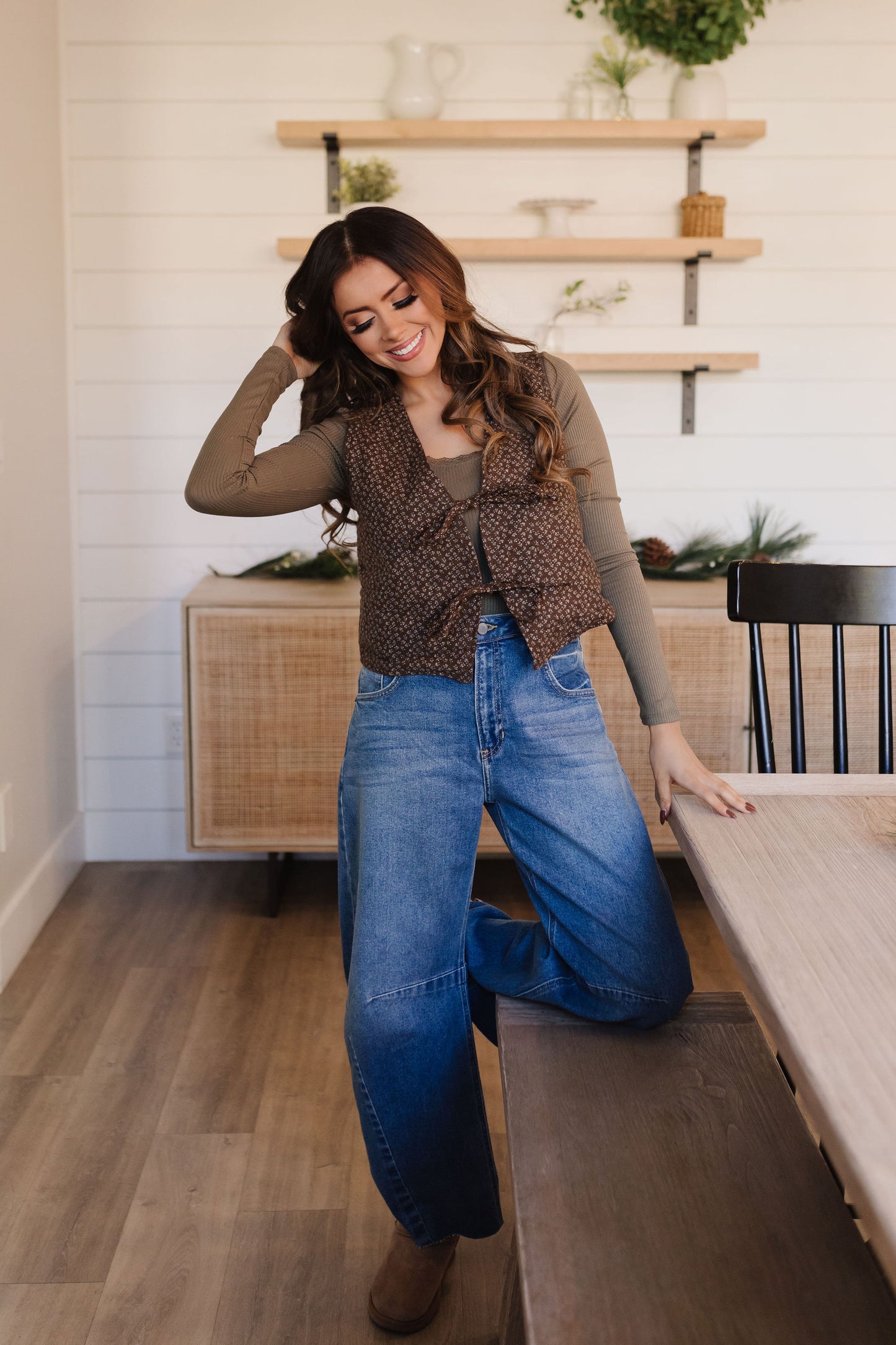 THE LEIA LONG SLEEVE WITH LACE KNIT TOP IN OLIVE