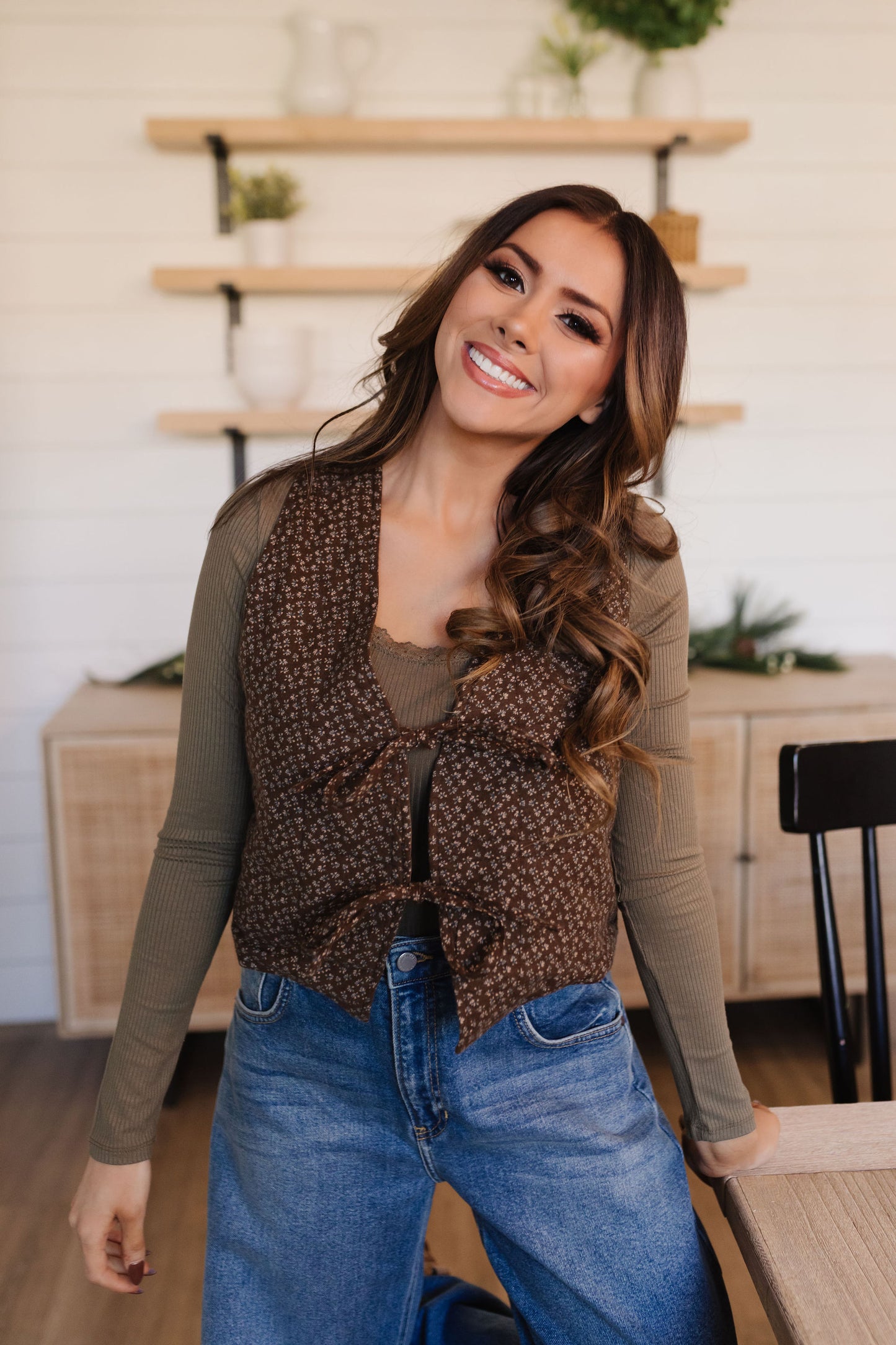 THE LEIA LONG SLEEVE WITH LACE KNIT TOP IN OLIVE