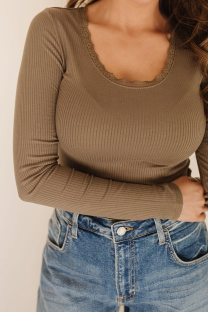 THE LEIA LONG SLEEVE WITH LACE KNIT TOP IN OLIVE