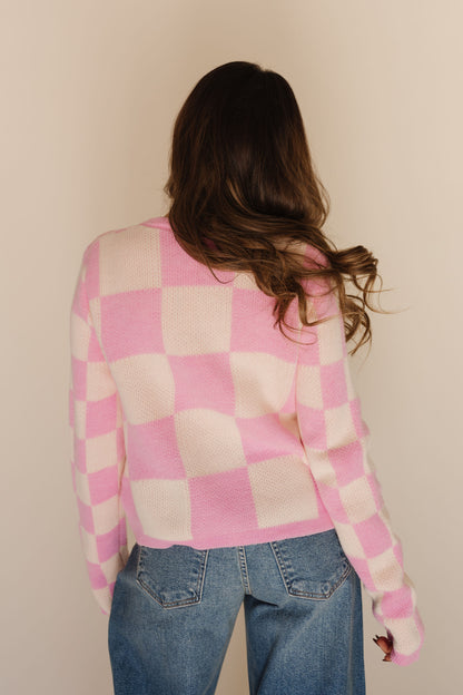 THE CAYLA CHECKERED TIE FRONT CARDIGAN IN PINK