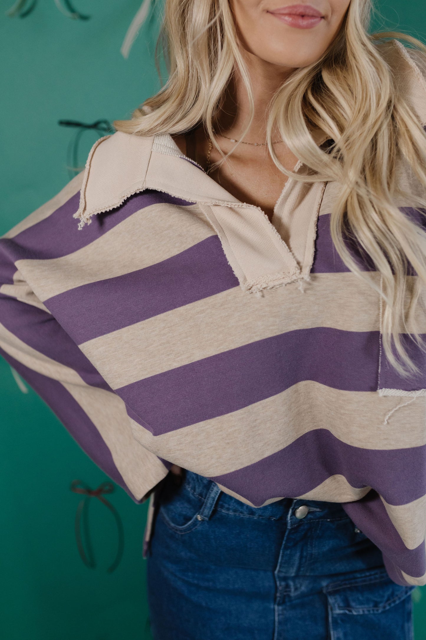 THE STAZIE STRIPED OVERSIZED COLLARED TOP IN PURPLE