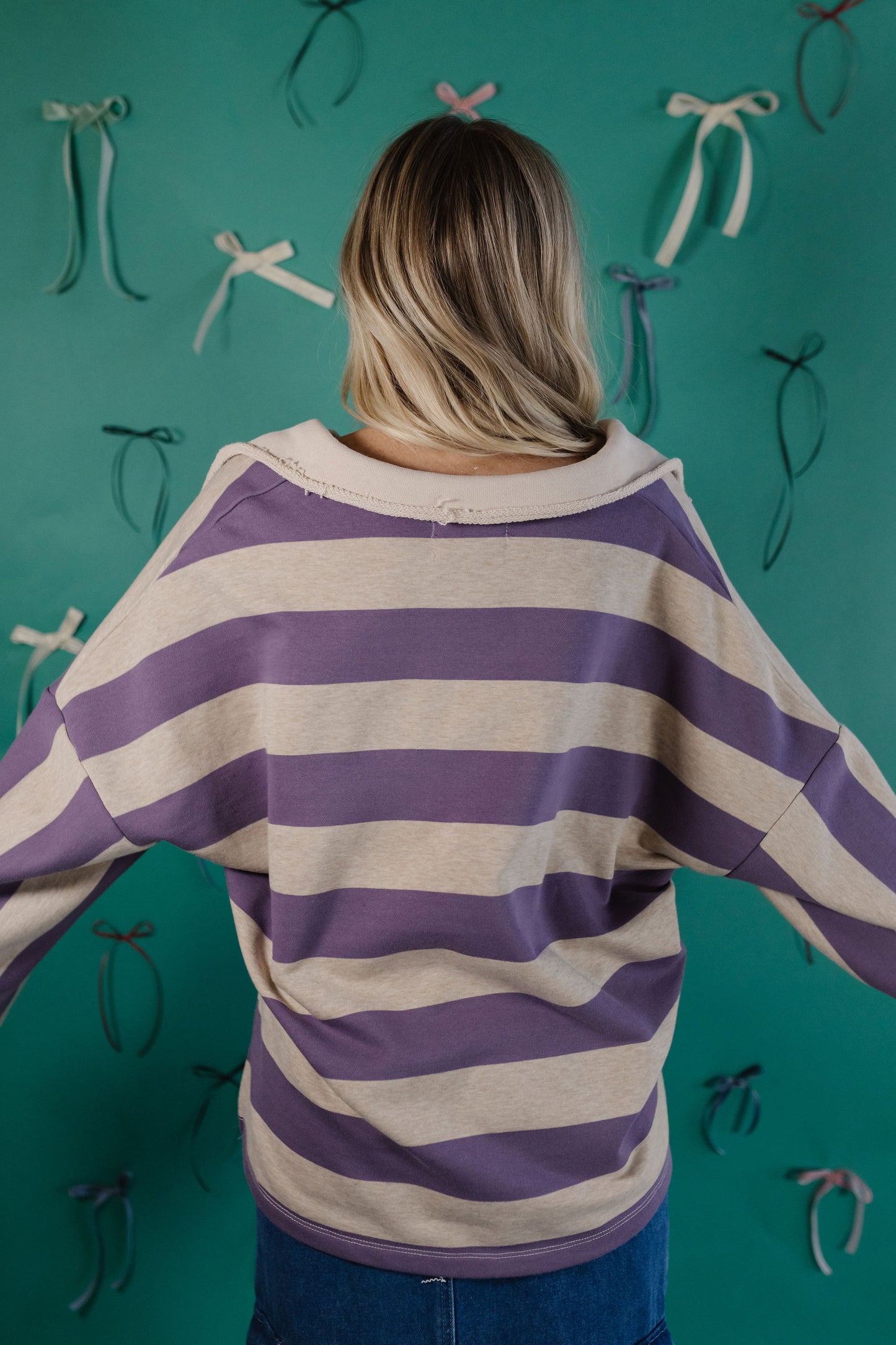 THE STAZIE STRIPED OVERSIZED COLLARED TOP IN PURPLE